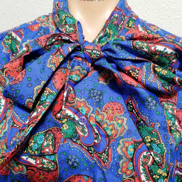Vintage NEW Women's 70's 80's secretary bow office print shirt top blouse 16 - Picture 7 of 8